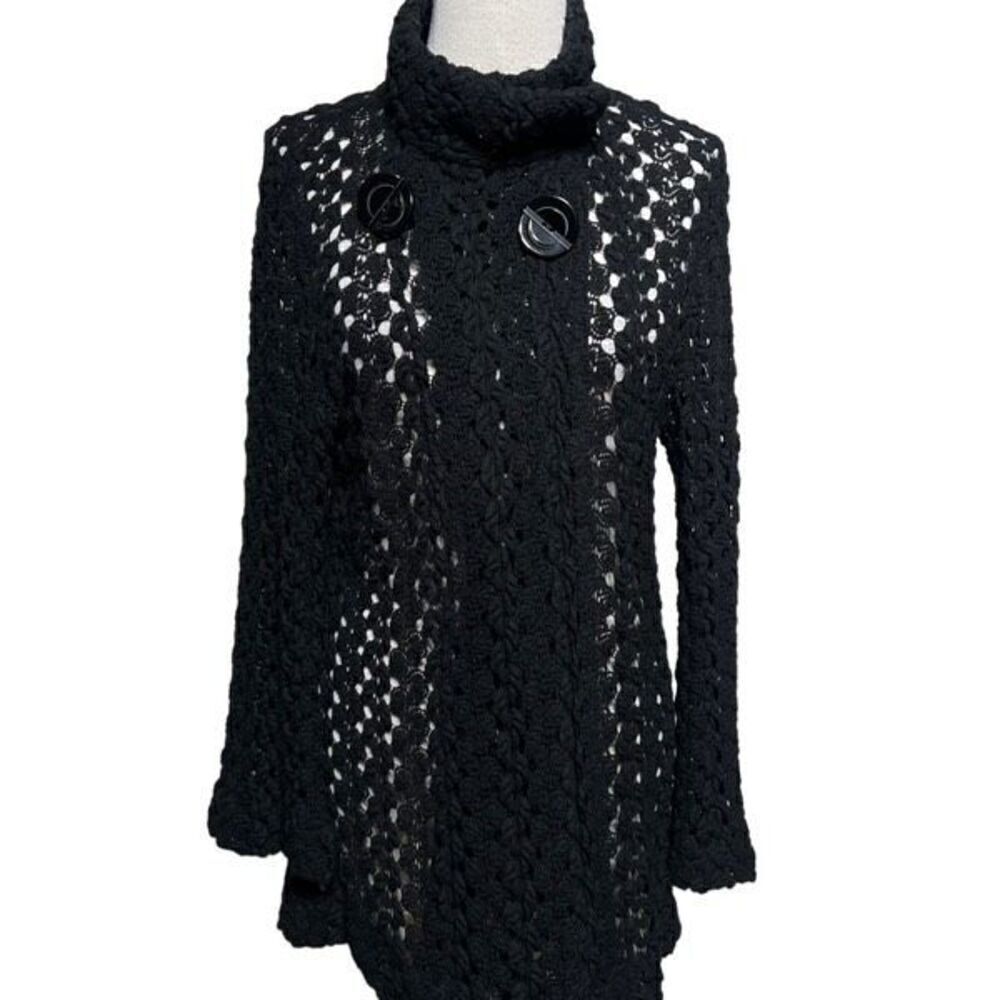 Linea Domani Open Weave Long Sleeve Black Tunic Cardigan Sweater Small